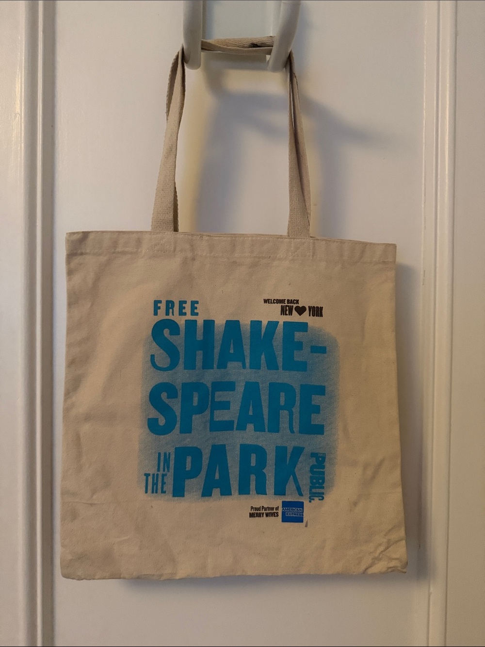 NYC Cream Canvas Tote with Bright Blue 'SHAKESPEARE IN THE PARK' Print